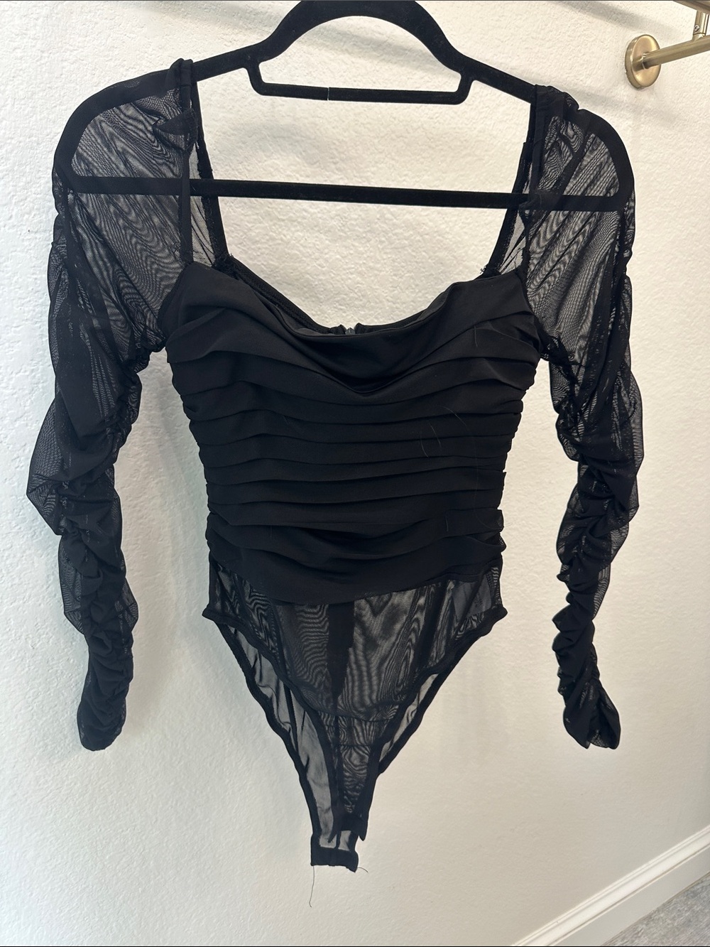 Princess Polly Black Ruched Mesh Long-Sleeve Bodysuit